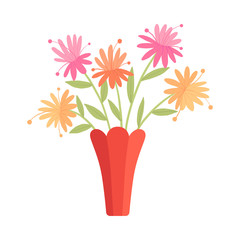 Sticker - Beautiful Garden Flowers in Red Vase, Bouquet of Blooming Flowers for Interior Decoration Vector Illustration