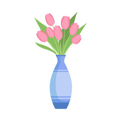 Wall Mural - Beautiful Pink Tulip Flowers in Vase, Bouquet of Blooming Flowers for Interior Decoration Vector Illustration