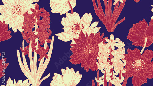 Floral seamless pattern, hyacinth and anemone flowers in red and light yellow...