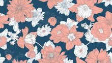 Floral Seamless Pattern, Daffodil, Camellia And Anemone Flowers With Leaves In Light Red And White Line Art Ink Drawing On Dark Blue
