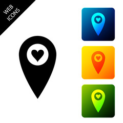 Poster - Map pointer with heart icon isolated on white background. Valentines day. Love location. Romantic map pin. Set icons colorful square buttons. Vector Illustration