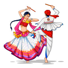 illustration of couple playing Dandiya in disco Garba Night banner poster for Navratri Dussehra festival of India