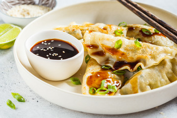 Wall Mural - Fried Korean dumplings with green onion and sauce on white plate.