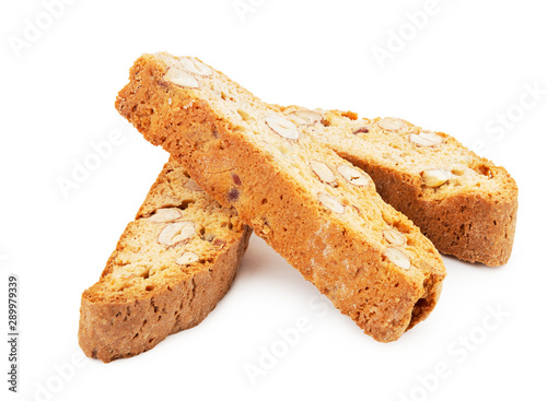 Fotografía heap of cantuccini cookies on white background