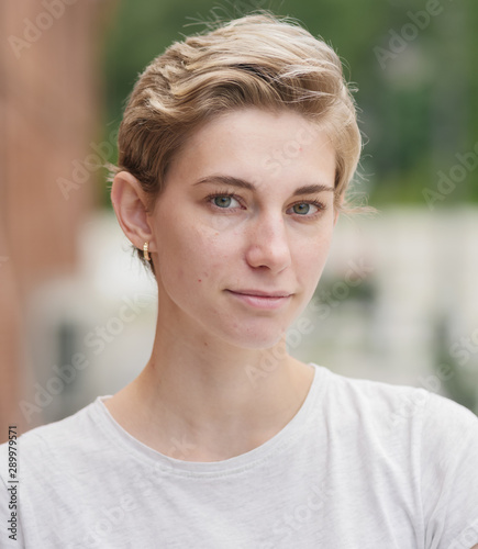 Portrait Of Beautiful Woman With Short Hair And No Retouch Buy