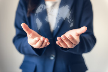Poster - Worldwide Connection and Communication Technology System Concept, Close-Up of Business Woman is Holding Graphic Global Map for Digital Communicate Own Business Connecting. Business Strategy Idea