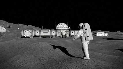 Wall Mural - astronaut on moon surface, lunar landscape with space habitat