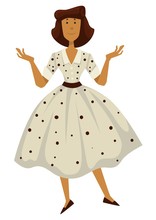 Woman In Polkadot Dress, 1950s Fashion Style. Isolated Female Character