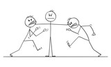 Fototapeta  - Vector cartoon stick figure drawing conceptual illustration of man, businessman or manager or leader stopping fight of two angry colleagues. Concept of leadership.