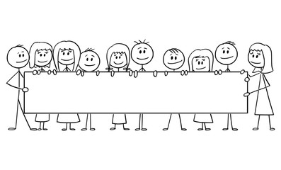 Vector cartoon stick figure drawing conceptual illustration of group of smiling kids or children, boys and girls holding together big empty horizontal sign.