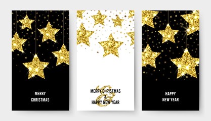 Poster - Christmas banners. Gold stars vector flyers. X-mas and New Year design for menu, cards, party invitation. Illustration christmas poster with stars, winter xmas