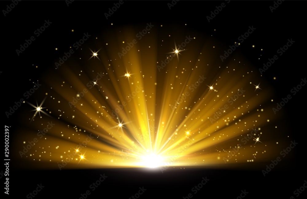 Light effect. Vector shining golden bright light. Gold shine burst with sparkles illustration isolated on black background. Light effect glow, bright gold shine - obrazy, fototapety, plakaty 