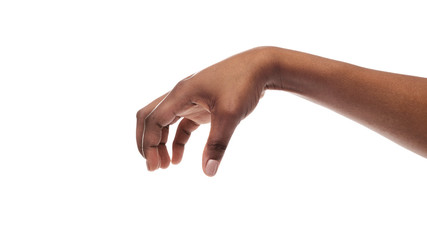 Black woman's hand making grab gesture, isolated on white background.