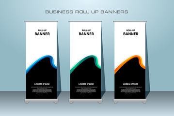 Wall Mural - Creative roll up banner stand template design. Vertical banner template.  Universal standing banner for conference, promotion banner vector background.  Modern publication x-banner and flag-banner.