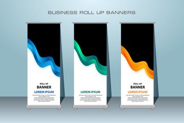 Wall Mural - Creative roll up banner stand template design. Vertical banner template.  Universal standing banner for conference, promotion banner vector background.  Modern publication x-banner and flag-banner.