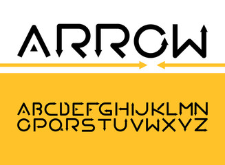 Fototapete - Stylized, complete english alphabet, full ABC with latin letters, futuristic, digital looking, rounded shape with arrow sign on black letters end vector illustration set on yellow, white background