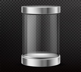Glass cylinder capsule, empty round showcase, exhibit transparent display box with steel cap, podium isolated 3d realistic vector illustration. Safety container, product presentation, packaging mockup