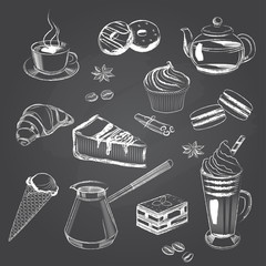 Coffee and dessert doodle set. Hand drawn vector illustration of sweets and coffee. Drinks and sweets sketch style collection.