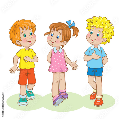 Two Funny Boys And One Cute Girl Are Walking And Talking In Cartoon Style Isolated On White Background Stock Vector Adobe Stock