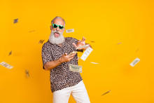 Portrait Of Crazy Funny Funky Old Long Bearded Man Millionaire In Eyewear Eyeglasses Waste Money Throw Banknotes Wear Leopard Shirt Shorts Isolated Over Yellow Background