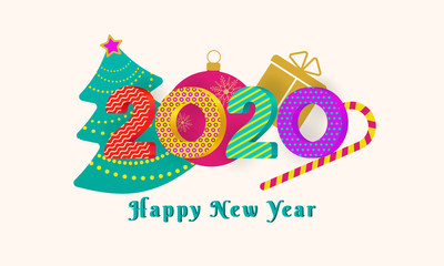 Wall Mural - 2020 happy new year text design with colorful 3d numbers on pink background with christmas tree, bal