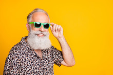 Close Up Photo Of Old Man Having Fun Funky Funny Rest Under Sun While Isolated With Yellow Background