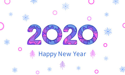Wall Mural - happy new year 2020 greeting card text design with color paper cut multilayer number, papercut snowf