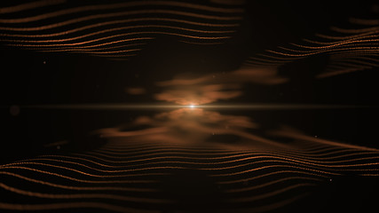 Abstract hourglass background. Imitation of orange waves on black backdrop. Light blurred golden blick is on the centre, and between the waves.