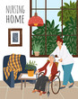 Nursing home. A nurse is pushing a wheelchair with an elderly disabled woman against an interior background with furniture, flowers and a window. Vector flat hand-drawn cartoon illustration.