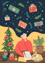 Christmas And Happy New Year Illustration With Cute Woman.