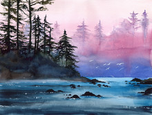   Watercolor Landscape With Misty River, Distant Forest And Seagulls  Above The Water