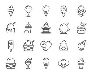 Wall Mural - Ice cream line icons. Vanilla sundae, frozen yogurt, bubble waffle. Sweet dessert food, milkshake with ice cream, sundae icons. Smoothie drink, frozen coffee, sorbet wafer. Vector