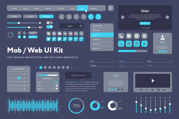 Fototapete - Vector UI kit for mobile applications and web sites. Universal user interface template with responsive design, tools and buttons. Flat menu icons and control elements on color background.