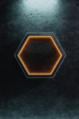 Fototapete - 3d rendering of metallic neon hexagon shape on grunge metal background