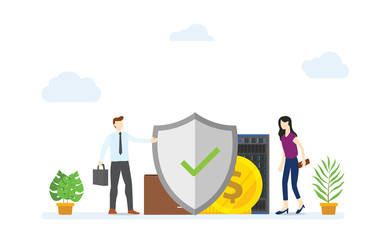 Fototapete - business protection concept with big shield protect with money and data to secure with modern flat style - vector