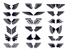 Silhouette Pair Of Wings Icon. Angel Wing, Decorative Fly Emblem And Eagle Stencil Symbols. Angels Wings Pictogram Logo Or Tattoo Sketch Art. Isolated Vector Icons Bundle