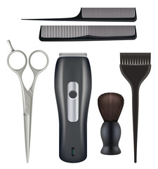 Poster - Barbershop realistic. Barber tools hairdresser beauty fashion salon tools comb scissors blade vector illustration. Barbershop scissors, brush and grooming accessories