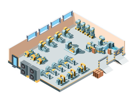 Industrial building. Isometric factory interior production heavy steel machines mechanic manufacturing equipment engineering vector. Illustration factory industry, equipment industrial inside
