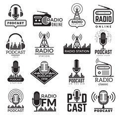 Wall Mural - Radio station logo. Music studio podcast speaker vector badges collection. Radio station logo with antenna, broadcast logotype Fm illustration