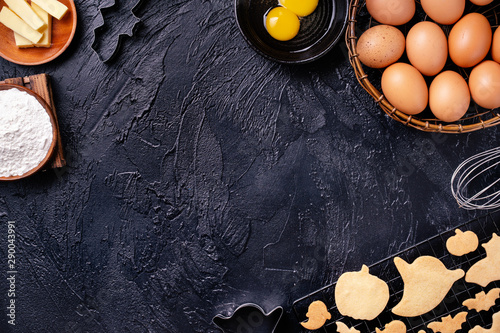 Design Concept Of Making Halloween Cookies Baking Recipe Ingredients Layout Of Preparing Party Top View Flat Lay Overhead Blank Copy Space Buy This Stock Photo And Explore Similar Images At Adobe