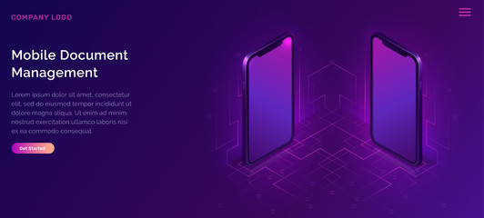 Poster - Mobile document manager business concept vector isometric illustration. Two 3D mobile phones turned away from each other by screens isolated on ultraviolet background with electronic data