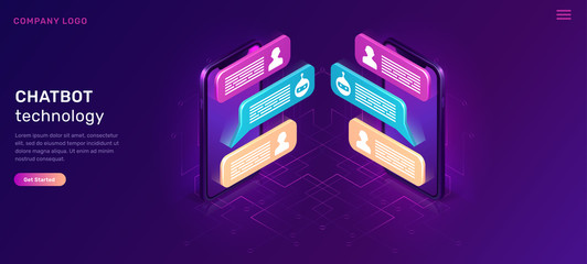 Poster - Chat bot or mobile chatting, isometric concept vector illustration. Dialog sms icons or text bubbles on screens of two smartphones facing each other, isolated on purple, ultraviolet background