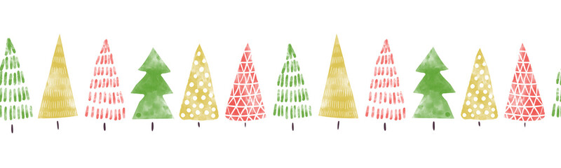 seamless christmas tree border hand drawn watercolor. decorative hand painted repeating winter holid
