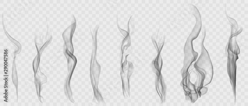 Set of realistic transparent smoke or steam in white and gray colors, for use...