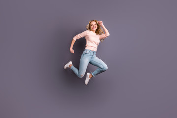 Sticker - Full body photo of pretty lady jumping high competitive sportive mood wear casual stylish outfit isolated grey color background