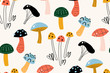 Seamless pattern with decorative mushrooms in the Scandinavian style. Perfect for kids fabric, textile, nursery wallpaper. Beautiful autumn illustration in vector.