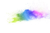 Fototapeta Tęcza - Freeze motion of colorful color powder exploding on white background.  Paint Holi.