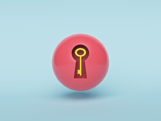 Poster - keyhole in a red ball and a yellow key inside it. minimal style. 3d rendering
