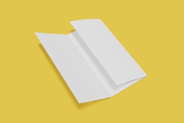 Tri fold booklet mockup open on a yellow background. 3D rendering