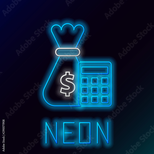 Blue Glowing Neon Line Calculator With Money Bag Icon On Black Blue Glowing Neon Line Calculator With